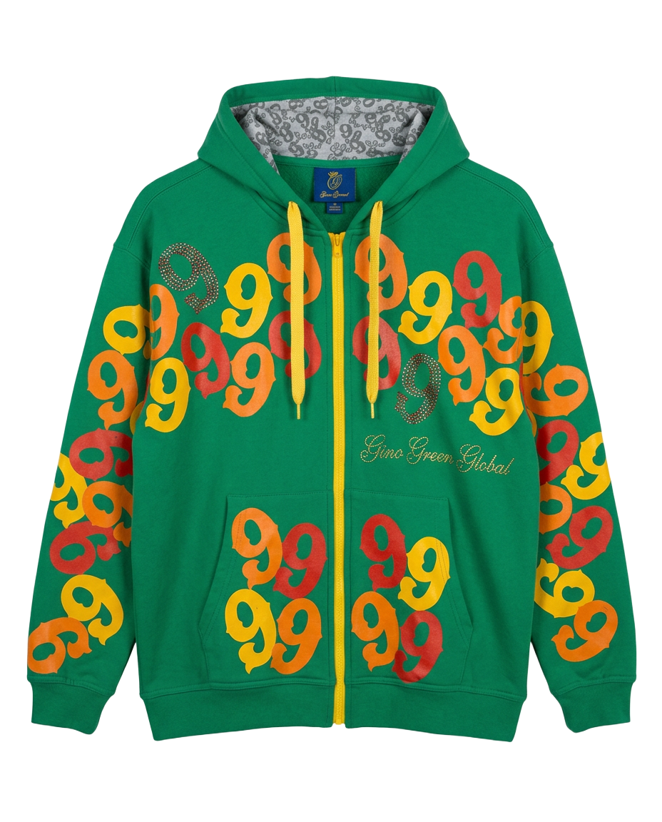 Green zip up hoodie with orange and yellow nines