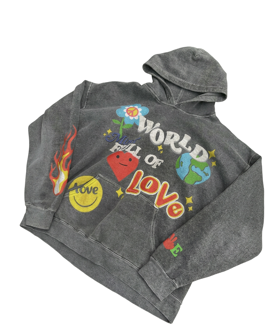 Washed grey World Full Of Love graphic hoodie