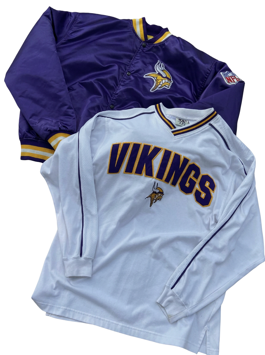 Purple Minnesota Vikings satin jacket and white jersey